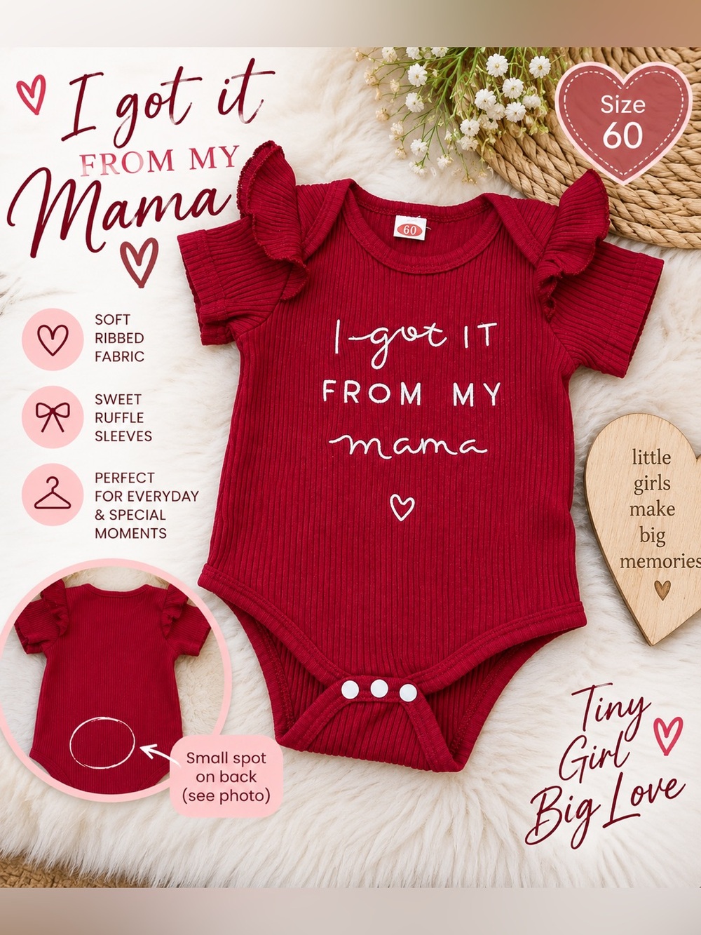 Baby Girl Red Ribbed Ruffle Bodysuit 60 - 3 months I Got It From My Mama